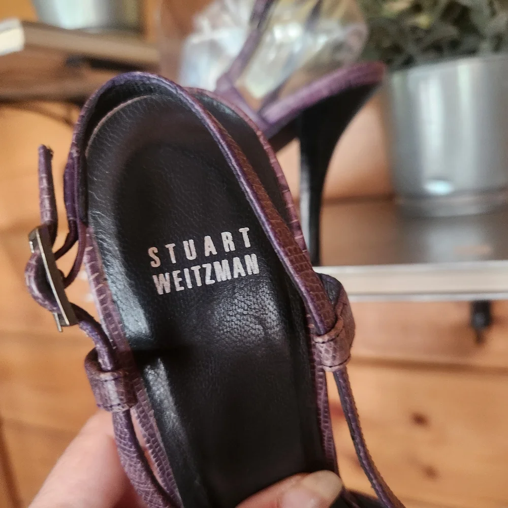 Stuart Weitzman 💜 Snake Croc Emboss Purple Leather Slingback Peep Pump Heels 8N